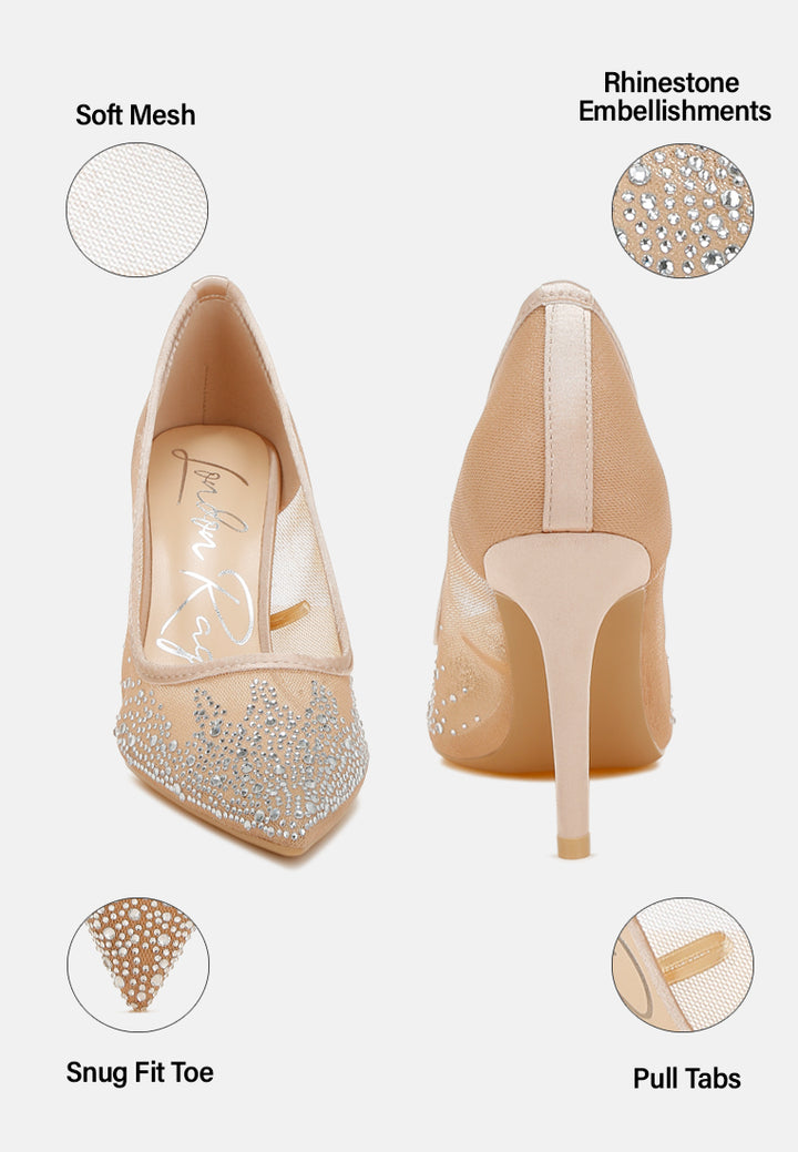 mesh rhinestone stiletto pumps by ruw#color_beige