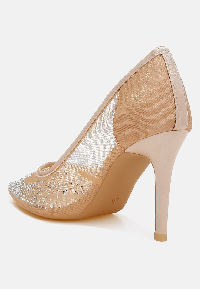 mesh rhinestone stiletto pumps by ruw#color_beige