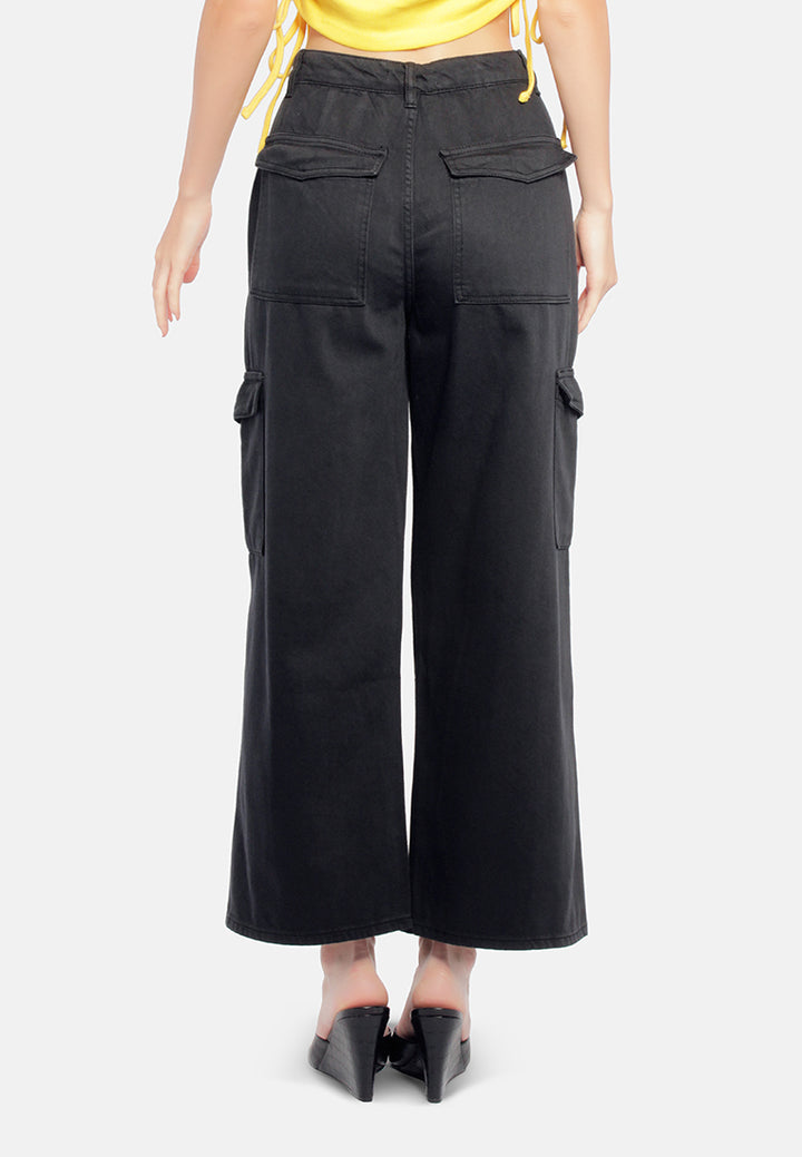 high waist cargo pocket pants#color_black