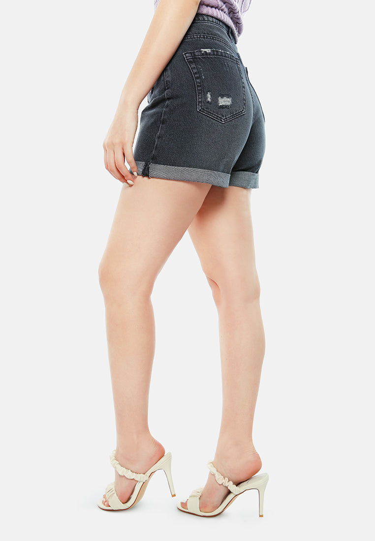 black high waist ripped denim shorts#color_black