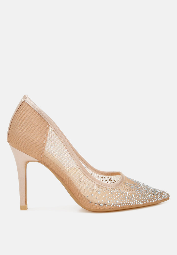 high ball mesh rhinestone stiletto pumps#color_beige