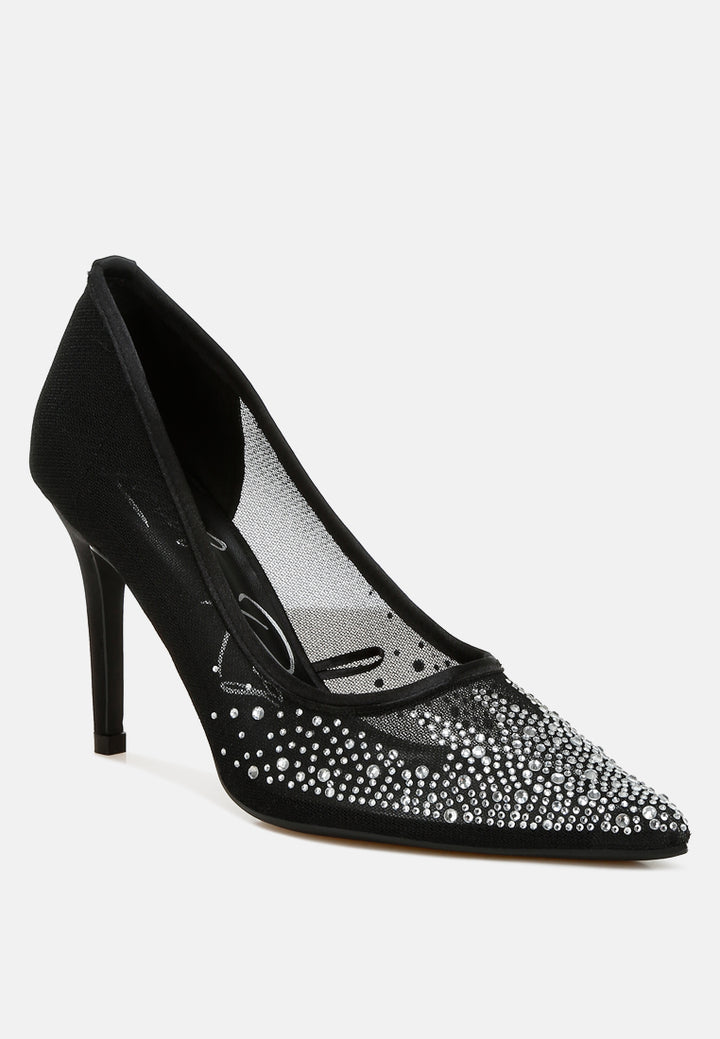 high ball mesh rhinestone stiletto pumps#color_black