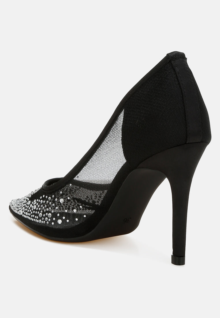 high ball mesh rhinestone stiletto pumps#color_black