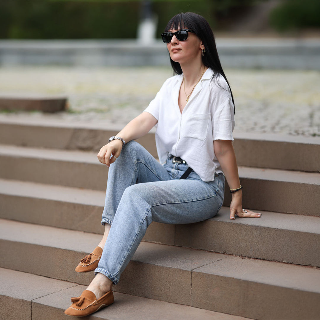 suede round toe tassel loafers by ruw#color_tan