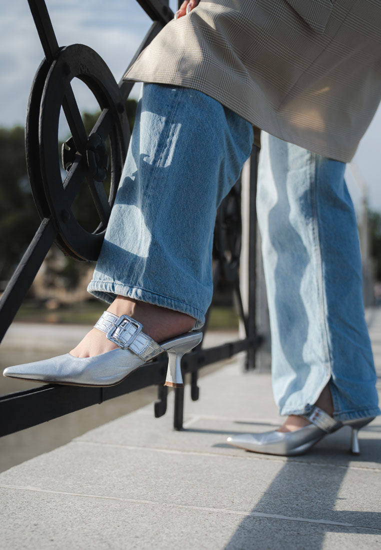 bismi large buckle kitten heel mules#color_silver