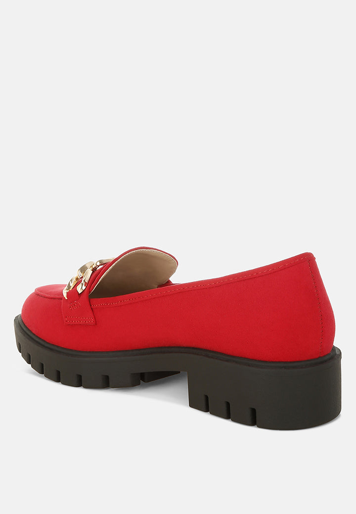 jacop micro suede metal chain link loafers#color_red