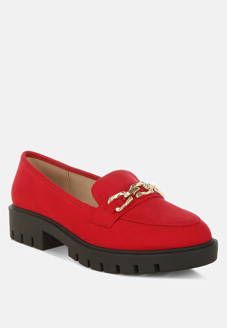 jacop micro suede metal chain link loafers#color_red