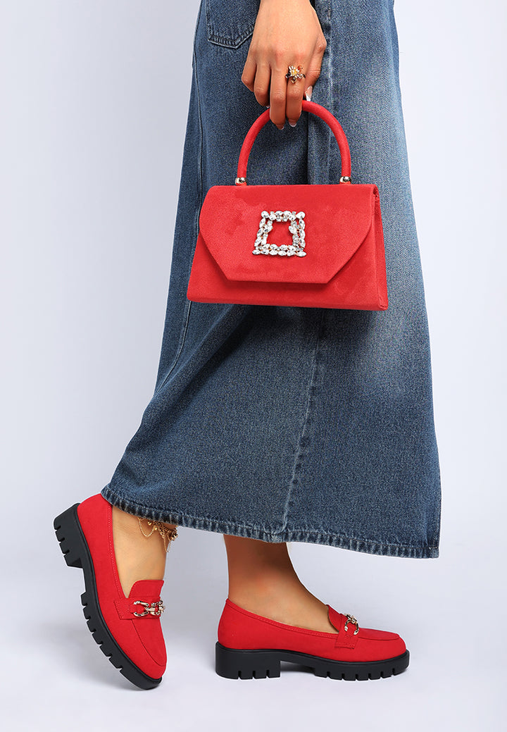jacop micro suede metal chain link loafers#color_red