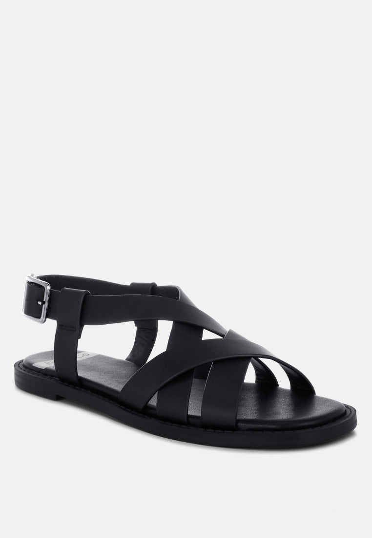 sandalias gladiadoras planas de cuero real kapaka#color_negro