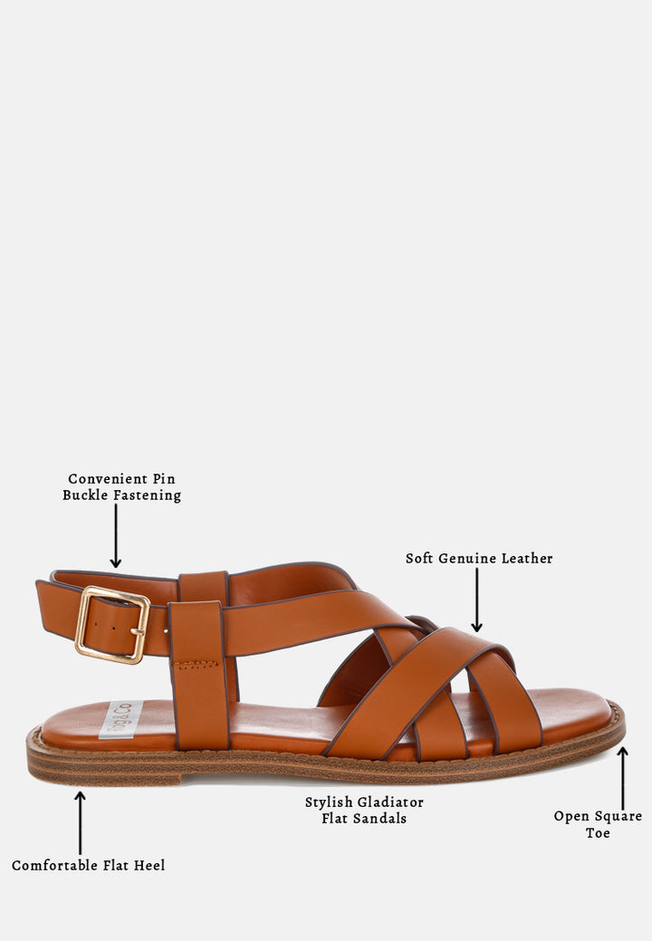 sandalias gladiadoras planas de cuero real kapaka#color_tan