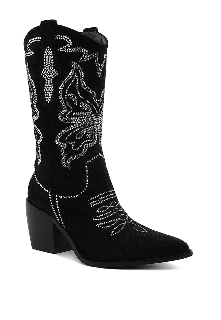 latafa rhinestones embellished cowboy boots#color_black