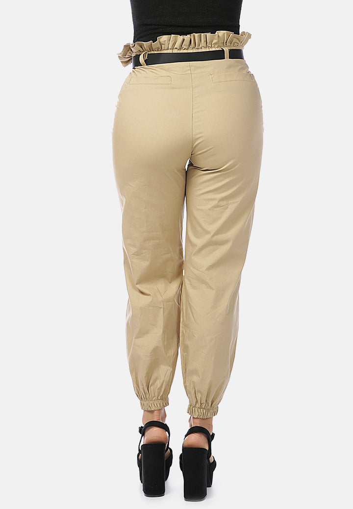 paper bag pants with buckled belt#color_khaki