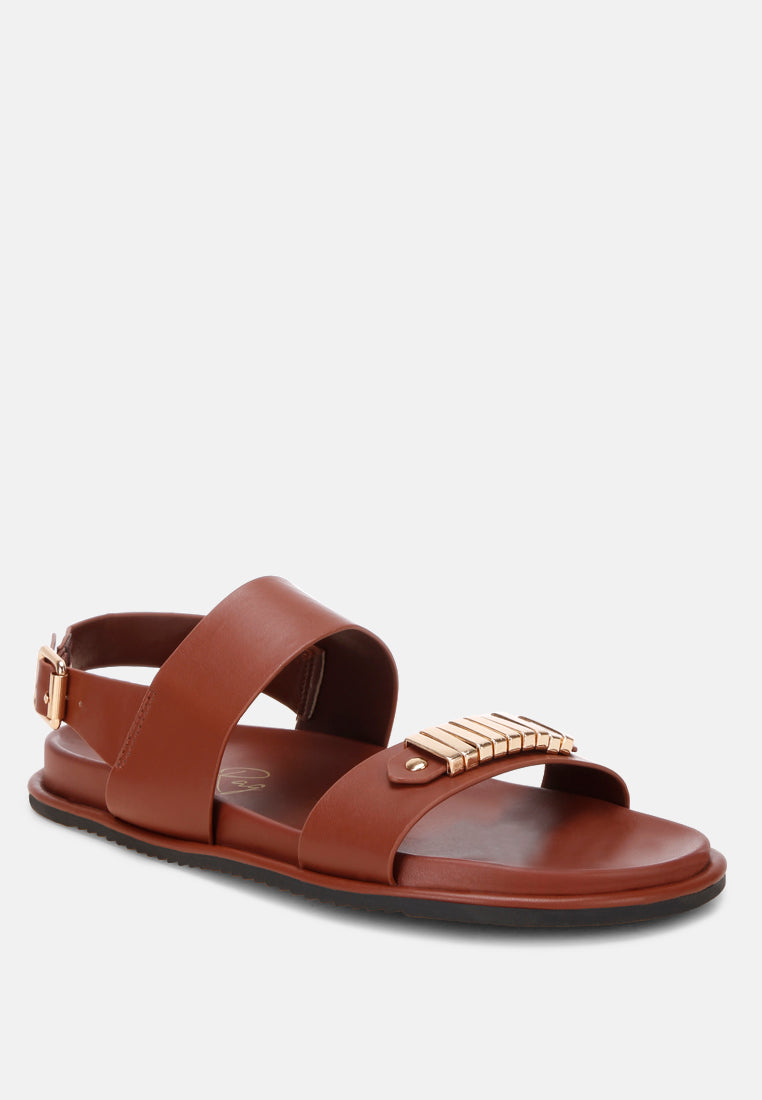 lolac metallic bar embellished flat sandals#color_brown-faux-leather