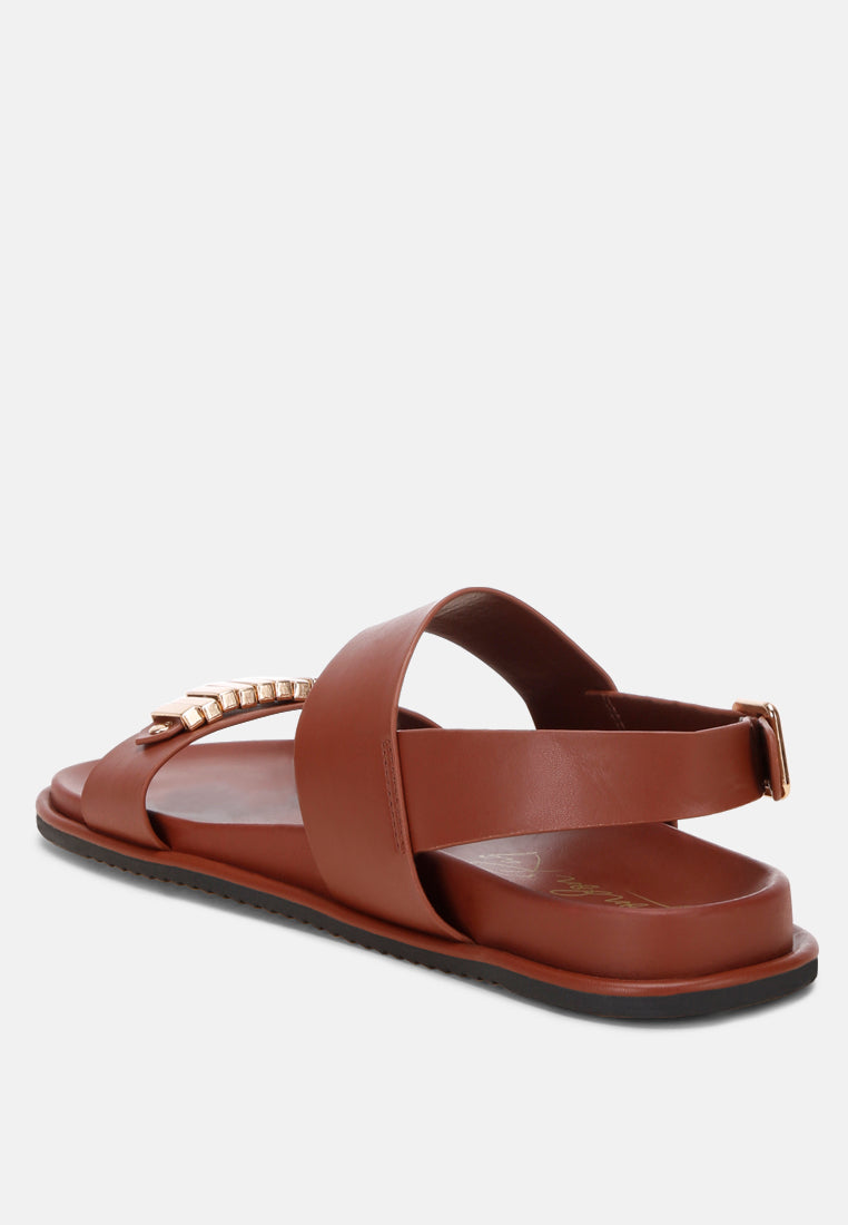 lolac metallic bar embellished flat sandals#color_brown-faux-leather