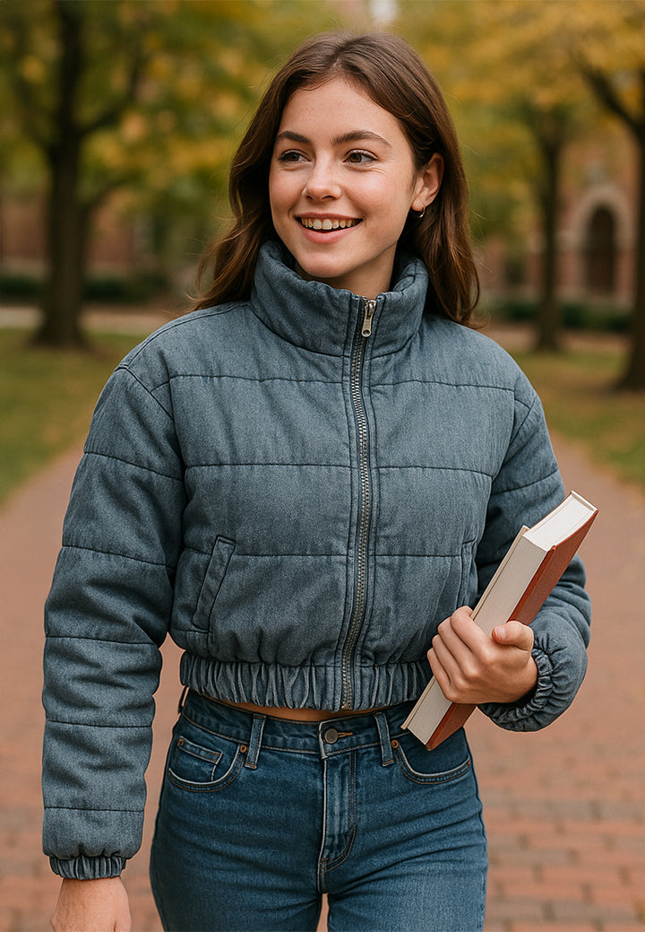 denim puffer short jacket by ruw#color_mid-wash