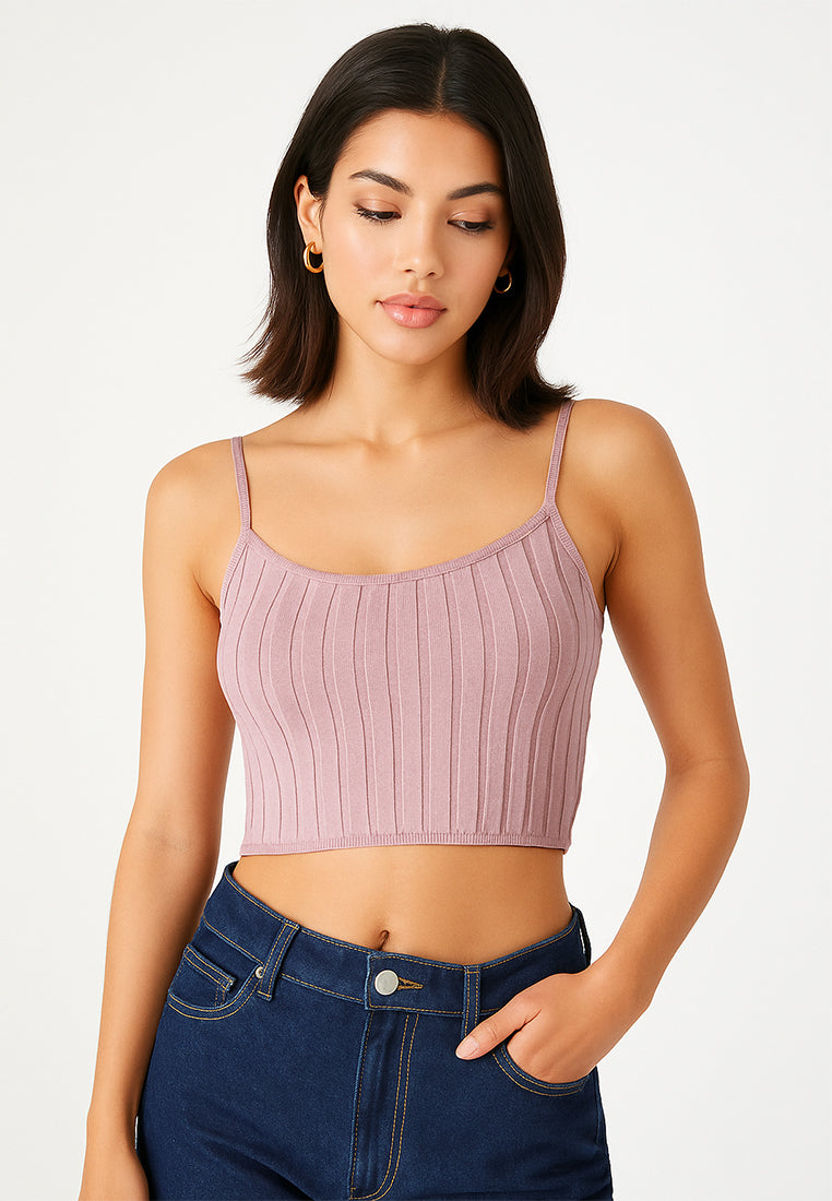 rib knit spaghetti crop top#color_mocha