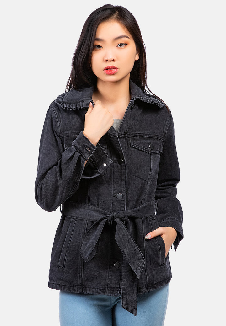 long sleeve denim belted jacket#color_black