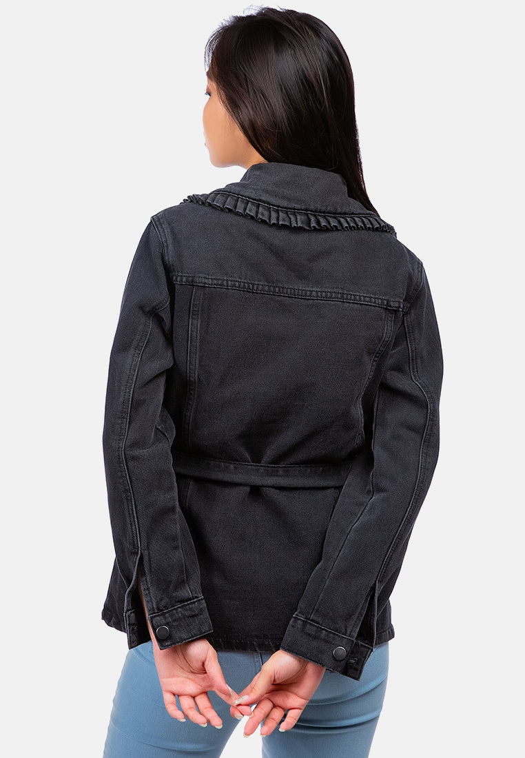 long sleeve denim belted jacket#color_black