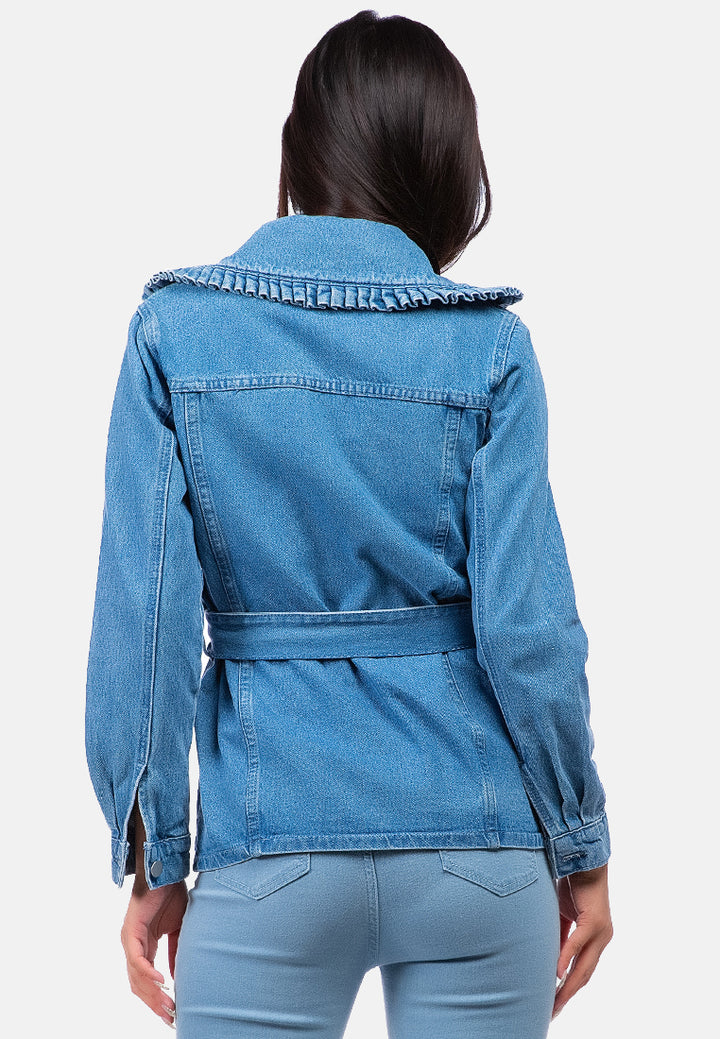 long sleeve denim belted jacket#color_mid-blue
