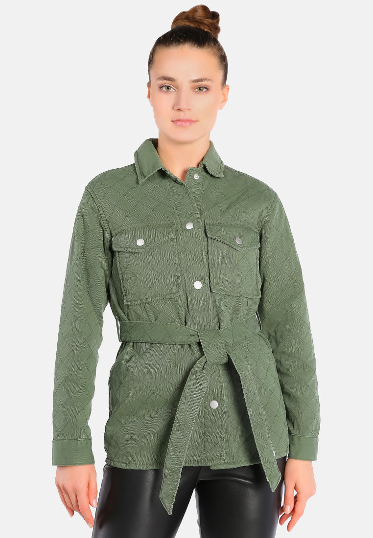 long sleeve quilt pattern belted jacket#color_khaki-green
