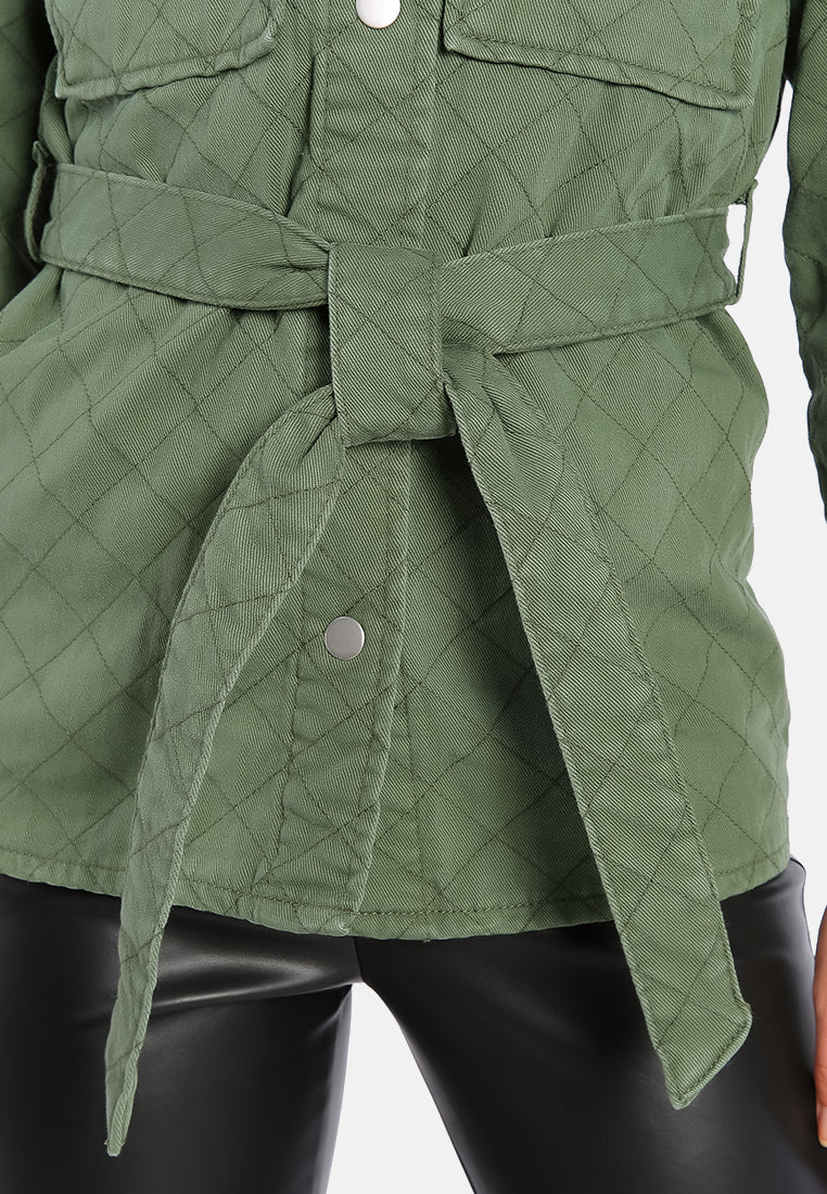 long sleeve quilt pattern belted jacket#color_khaki-green