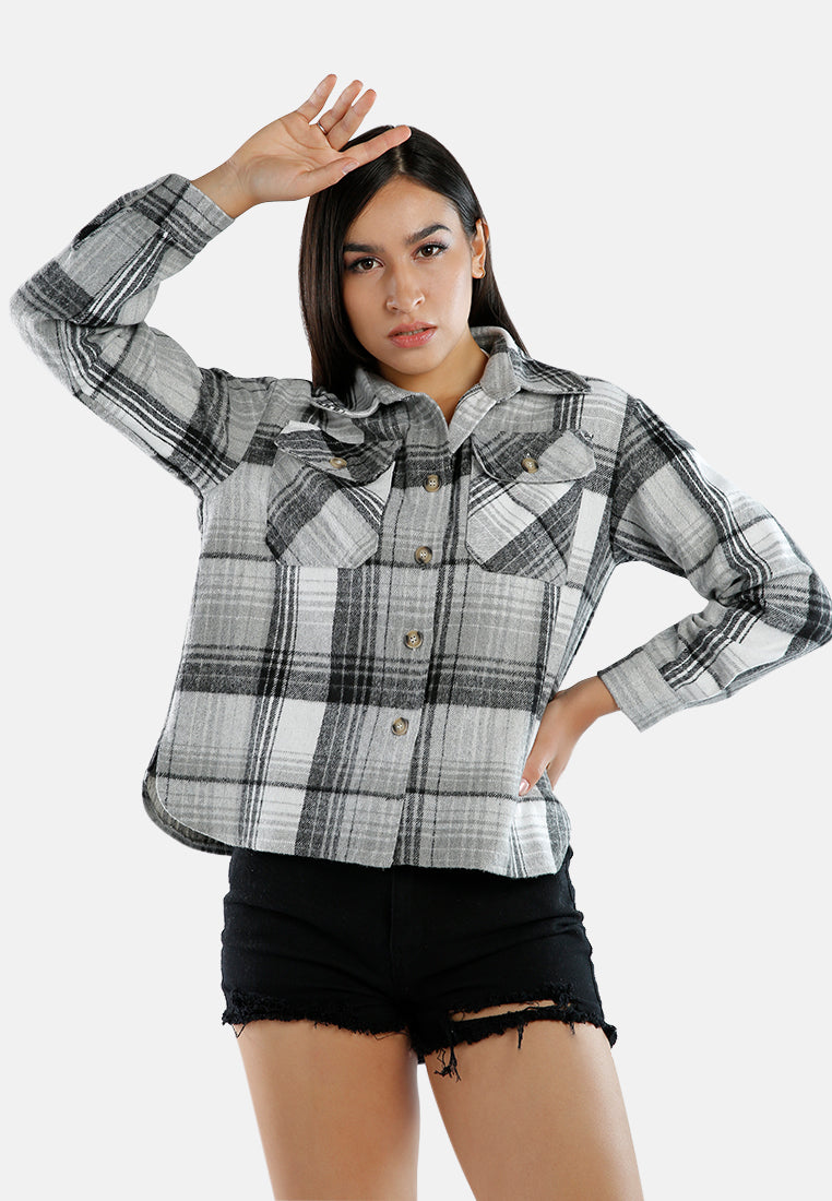 long sleeves flannel check shacket#color_black-white