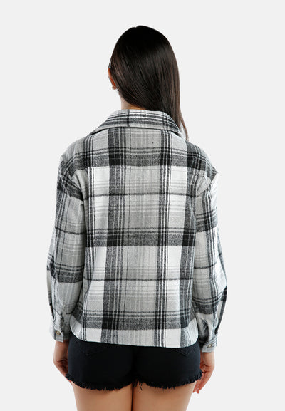 long sleeves flannel check shacket#color_black-white