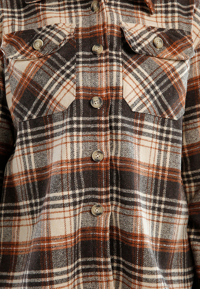 long sleeves flannel check shacket#color_brown