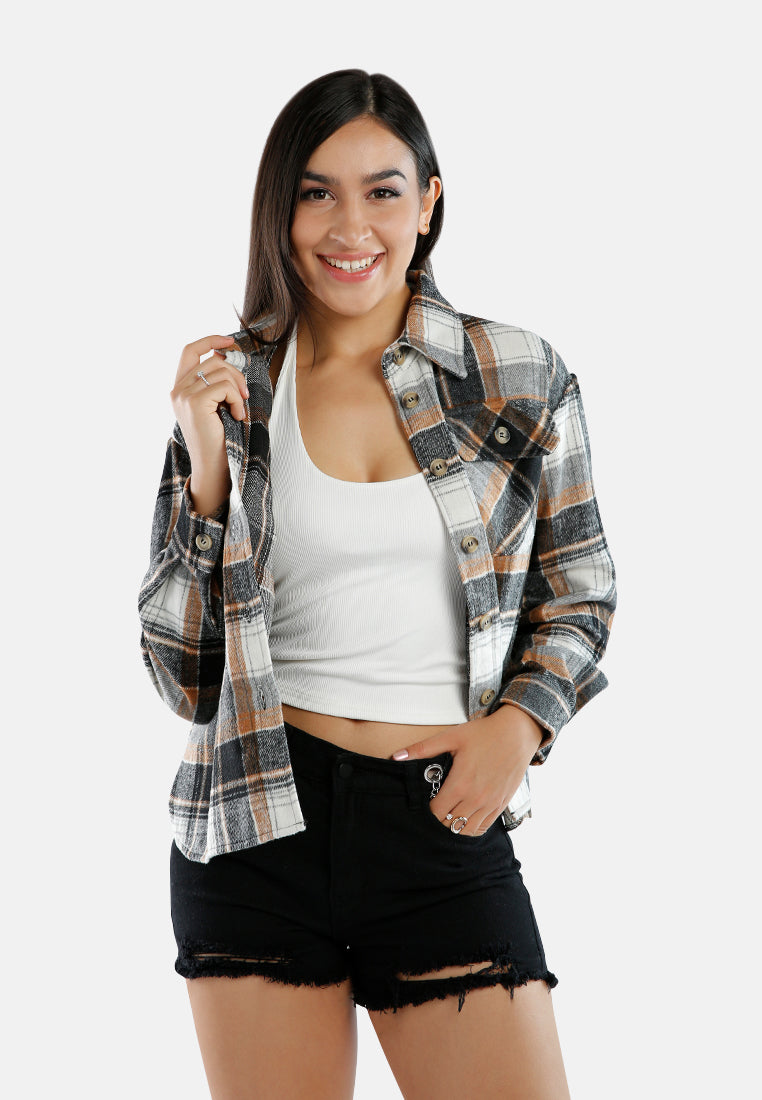 long sleeves flannel check shacket#color_grey