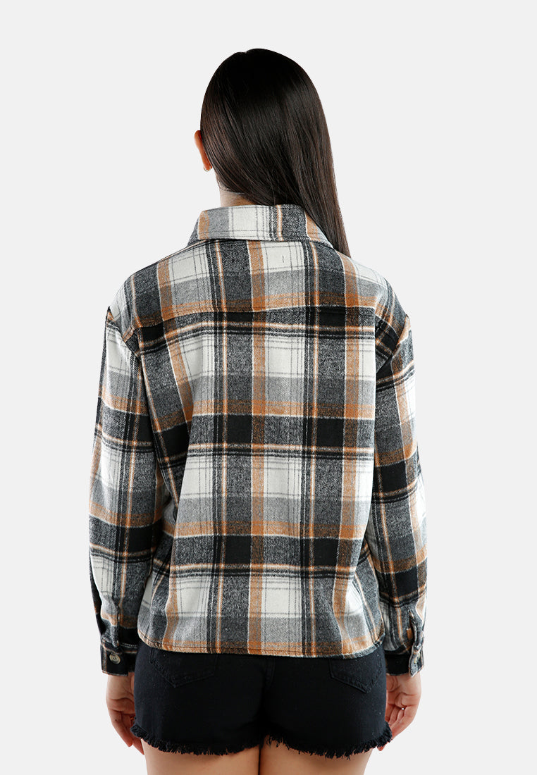 long sleeves flannel check shacket#color_grey