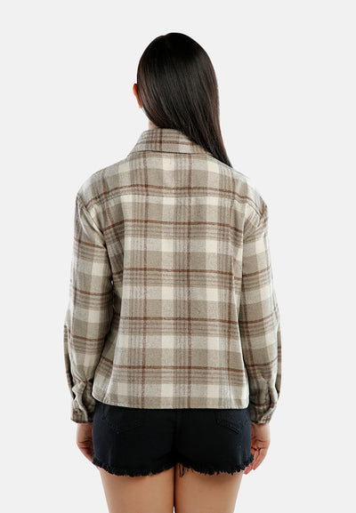 long sleeves flannel check shacket#color_sand