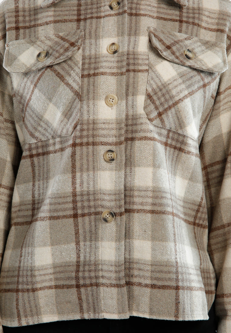 long sleeves flannel check shacket#color_sand