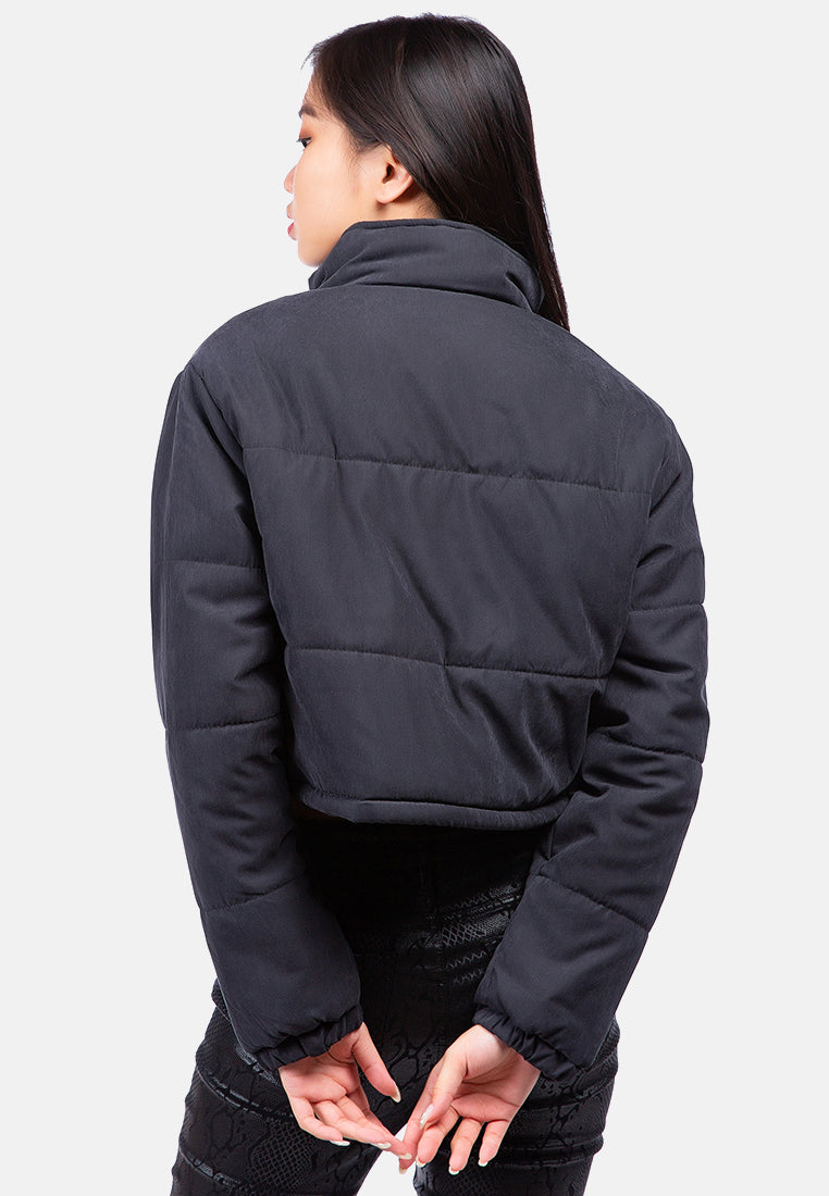 long sleeves puffer drawstring jacket#color_black