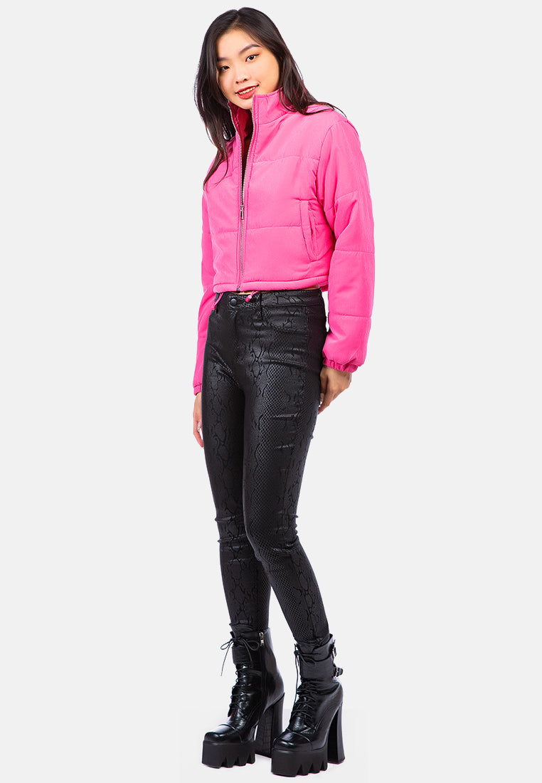 long sleeves puffer drawstring jacket#color_pink