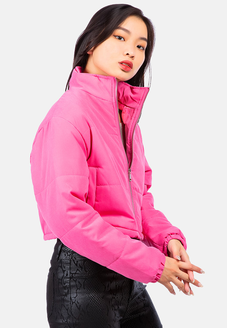 long sleeves puffer drawstring jacket#color_pink