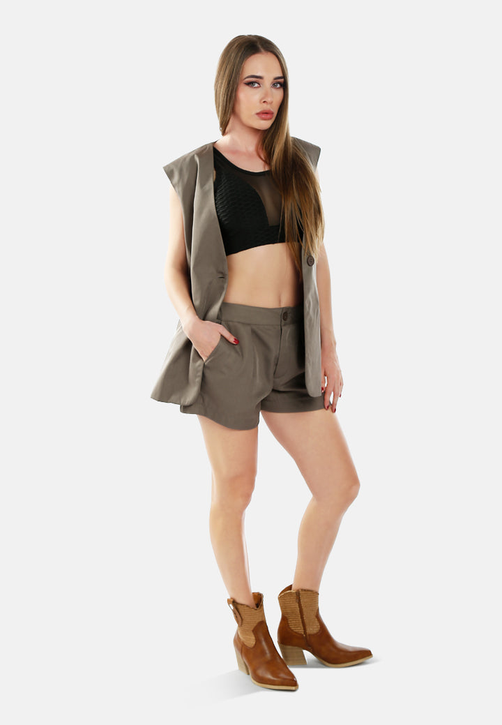 longline waistcoat & pleated shorts set by ruw#color_taupe