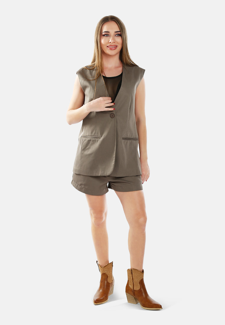 longline waistcoat & pleated shorts set by ruw#color_taupe
