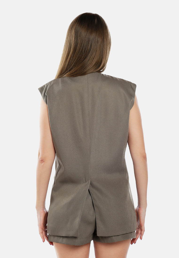 longline waistcoat & pleated shorts set by ruw#color_taupe