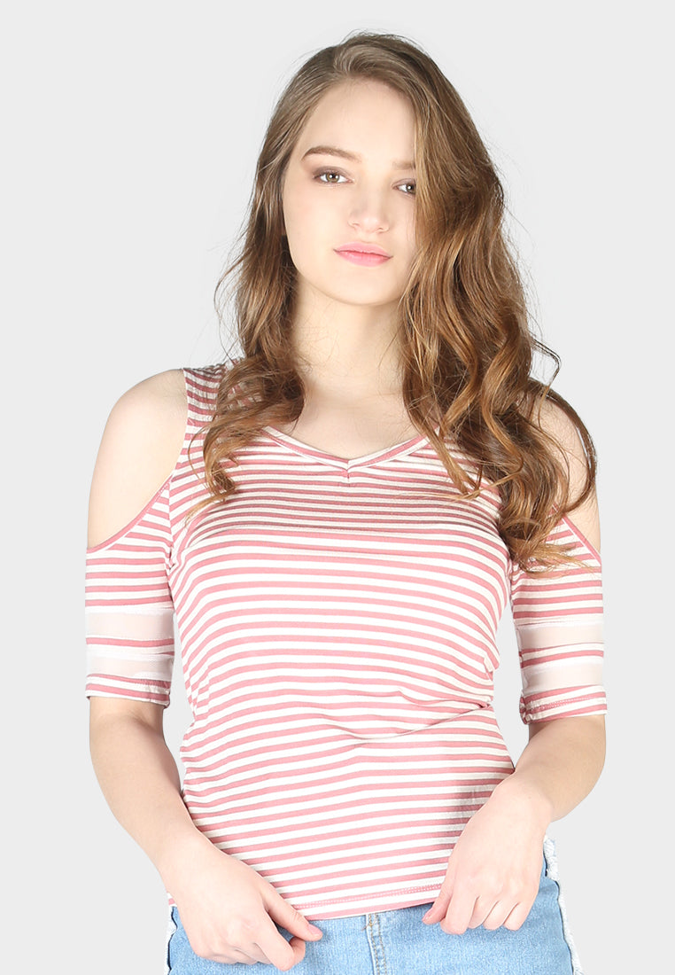 mariah stripe cold shoulder top#color_rose