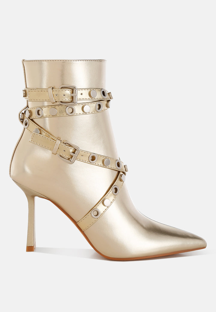 marinta metallic slim flared heel strappy boots#color_gold