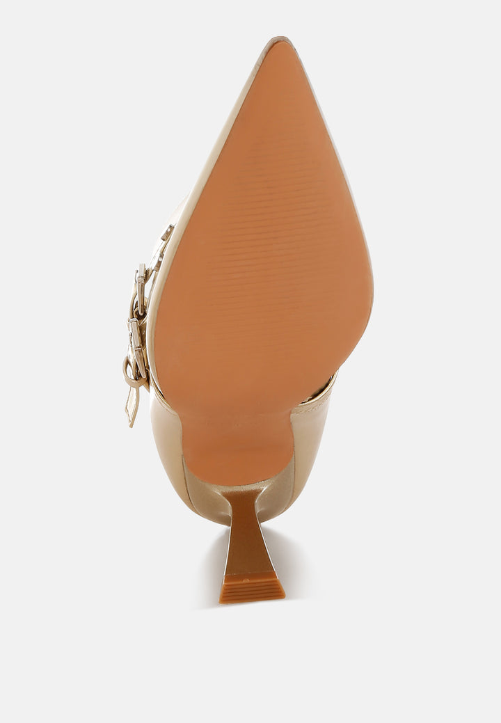 marinta metallic slim flared heel strappy boots#color_gold