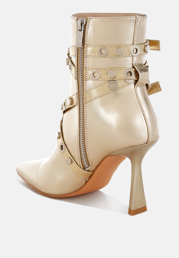 marinta metallic slim flared heel strappy boots#color_gold