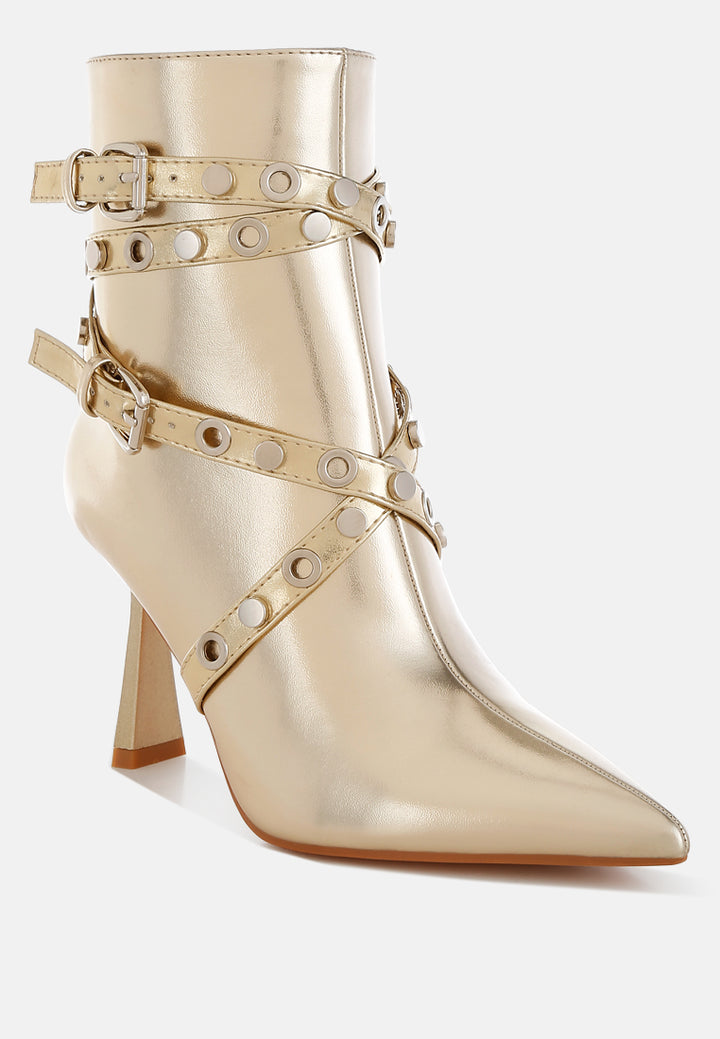 marinta metallic slim flared heel strappy boots#color_gold