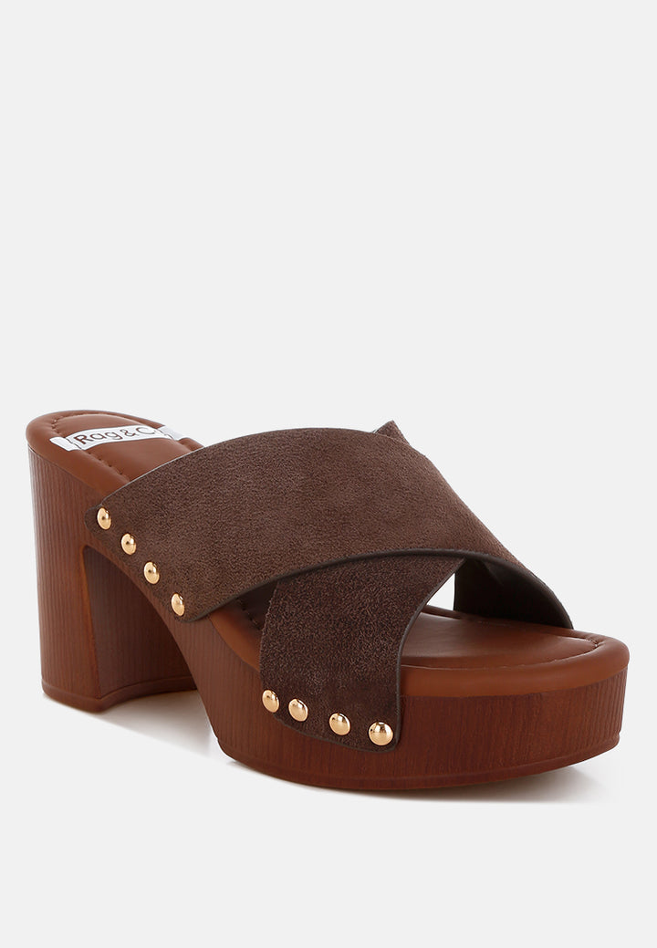 mearsk genuine suede leather clogs#color_brown
