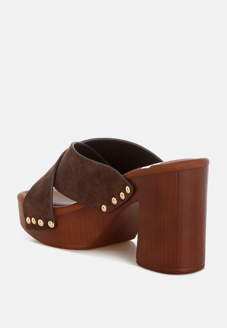 mearsk genuine suede leather clogs#color_brown