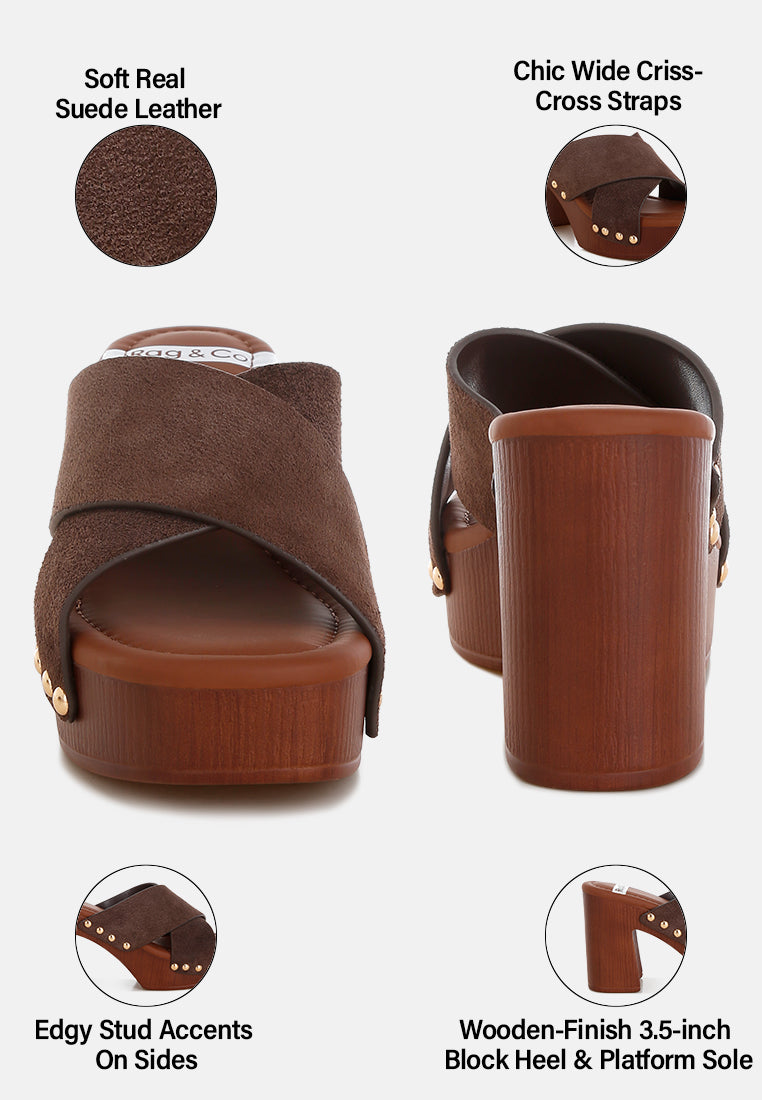 mearsk genuine suede leather clogs#color_brown