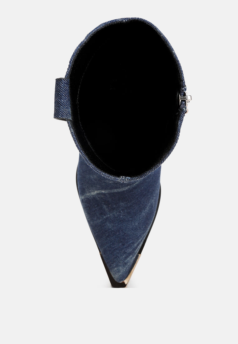 melrose diamante buckle accent block heel boots#color_denim