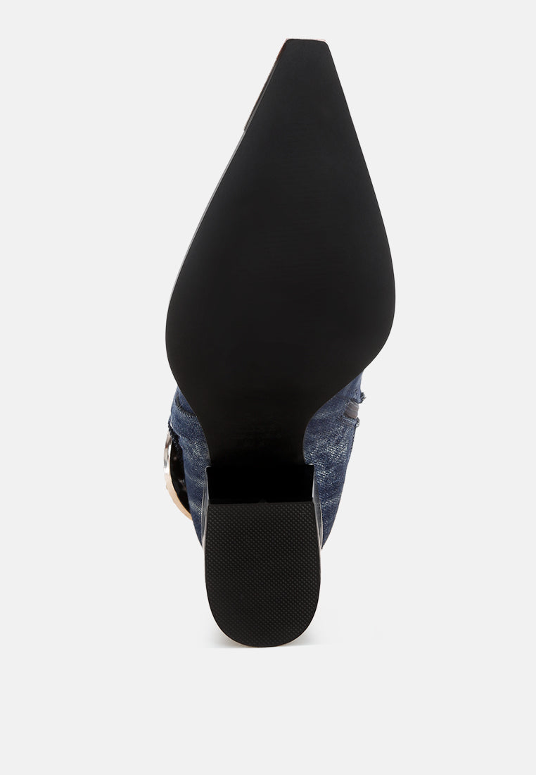 melrose diamante buckle accent block heel boots#color_denim
