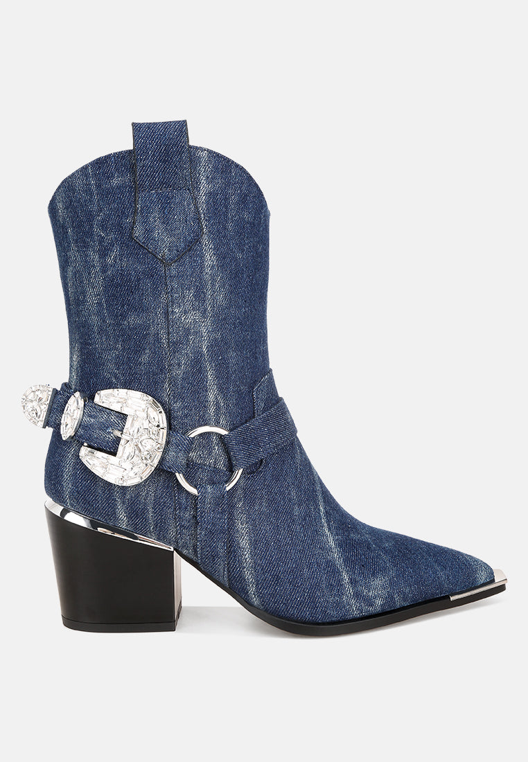 melrose diamante buckle accent block heel boots#color_denim