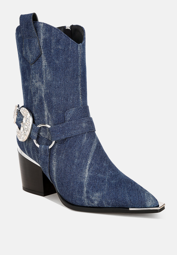 melrose diamante buckle accent block heel boots#color_denim